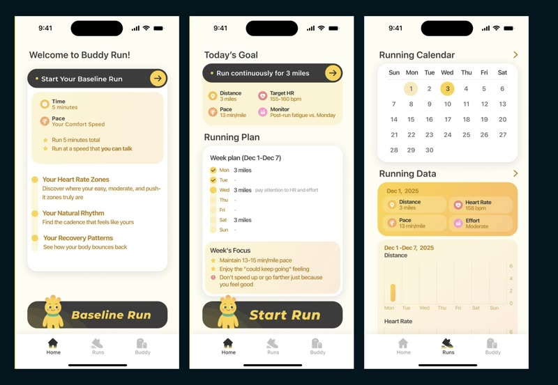 The final interface design by Yunbing Han: baseline explainer, weekly plan, and run history.