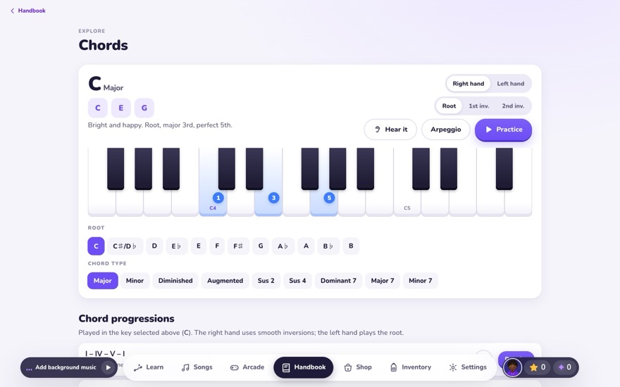 The chord explorer: root, type and inversion, with fingering on the keys.