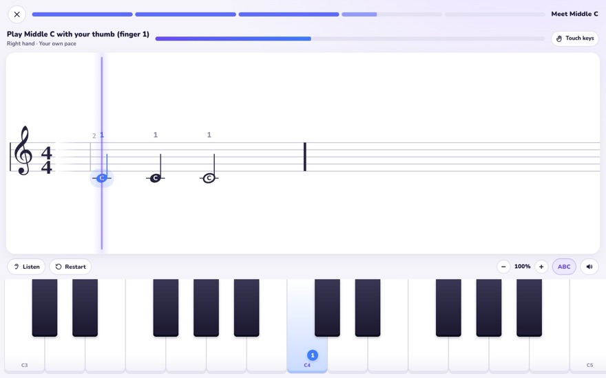 The player at its own pace: scrolling staff with finger numbers, and the next key lit with its finger.