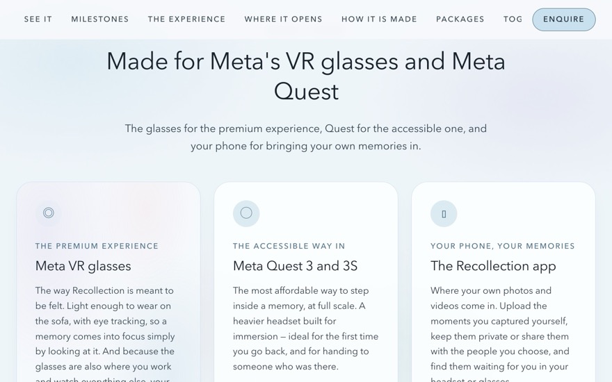 Three ways in: Meta VR glasses for the premium experience, Quest 3 and 3S for the accessible one, and the app for your own memories.