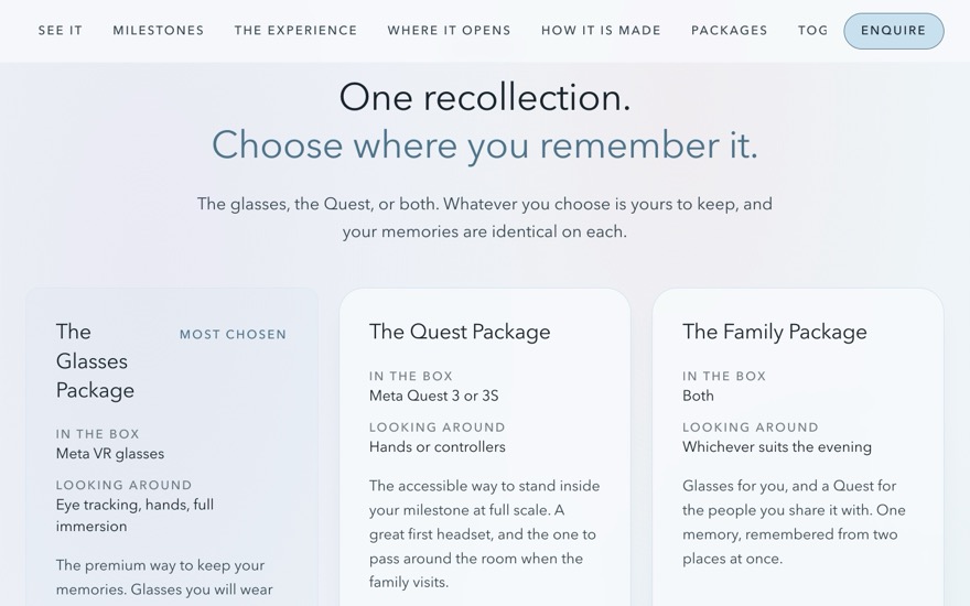 The Glasses, Quest and Family packages, each with what is in the box and how you look around.