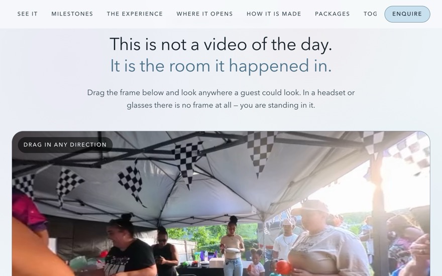 “It is the room it happened in”: a 360° moment the visitor drags to look around, the way a guest would in a headset.