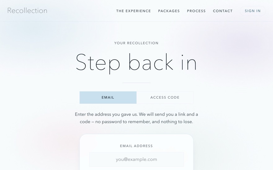 “Step back in”: signing in by email link or by access code, with no password.