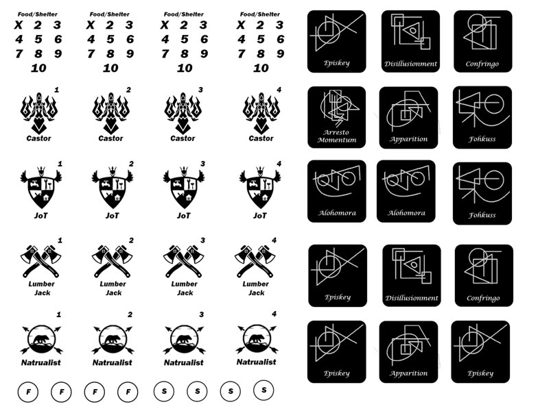 The production sheet: four sets of role tokens, durability meters, and the spell deck. Abstract card art by Divine Siam.