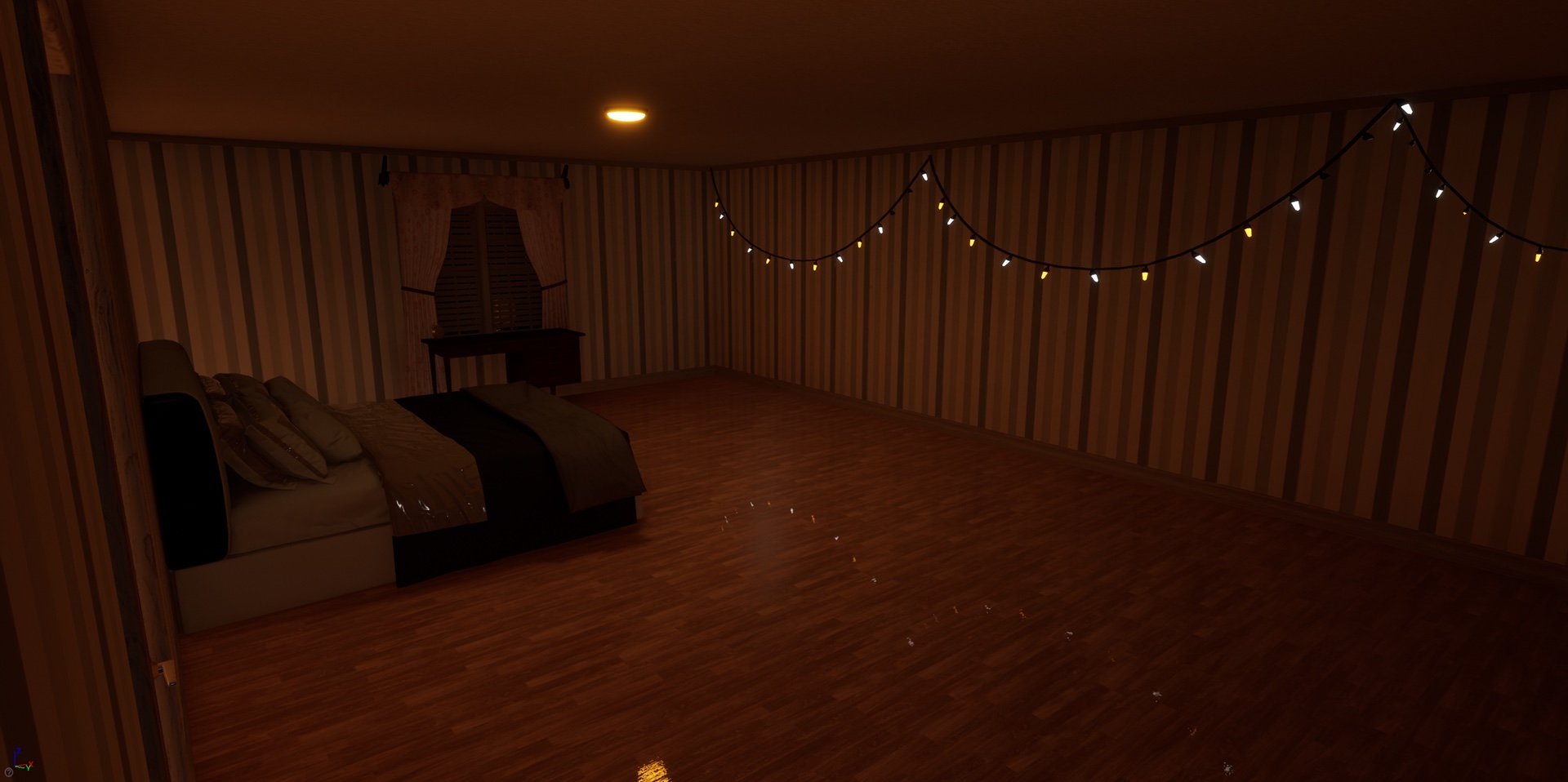 A bedroom strung with fairy lights along striped walls, a bed in the corner.